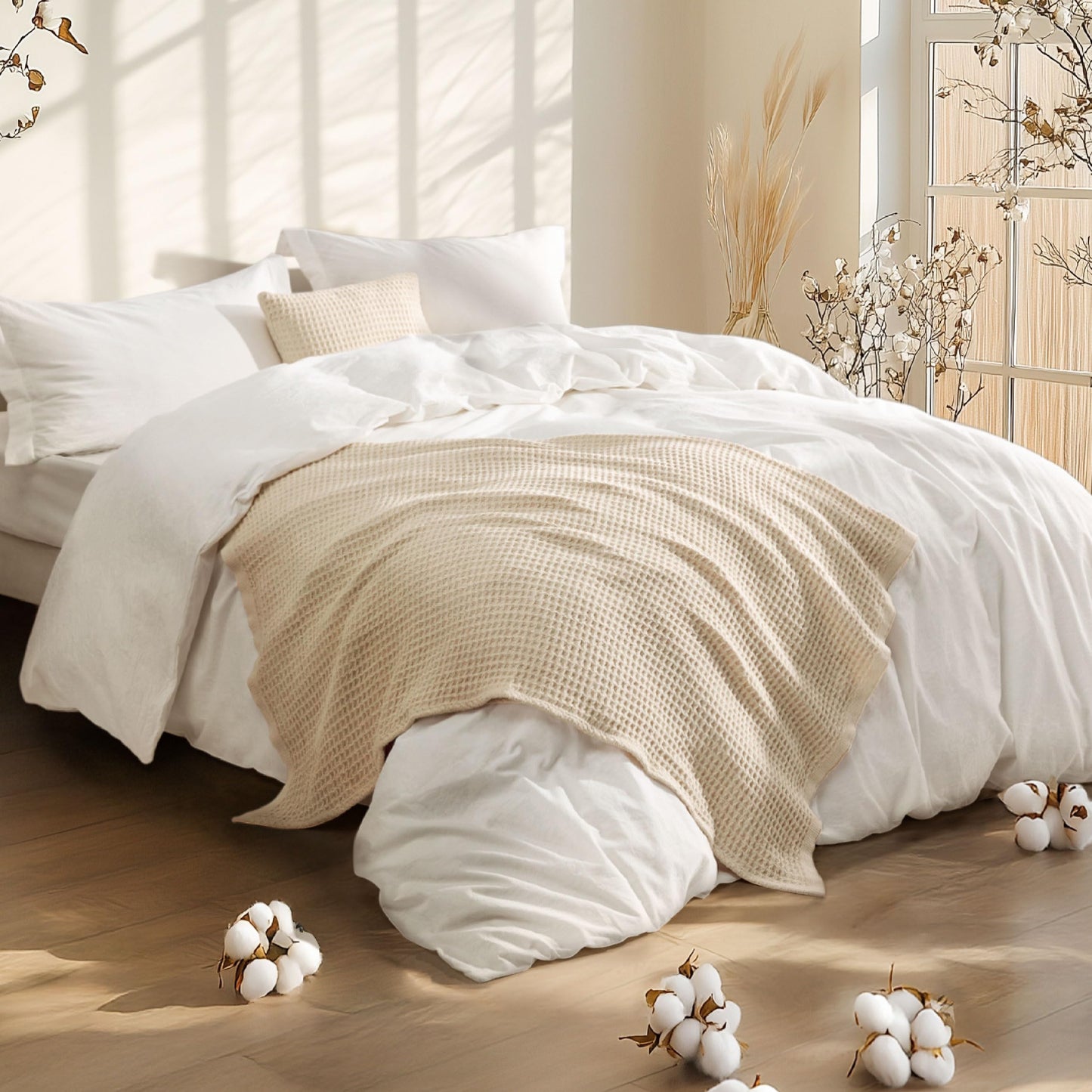 Bedsure 5 Pieces Cotton Comforter Set with Cotton Waffle Throw Blanket - Soft Breathable Bedding Set for All Seasons White Comforter King Size Pillow Shams Beige 100% Cotton Blanket Throw Pillow