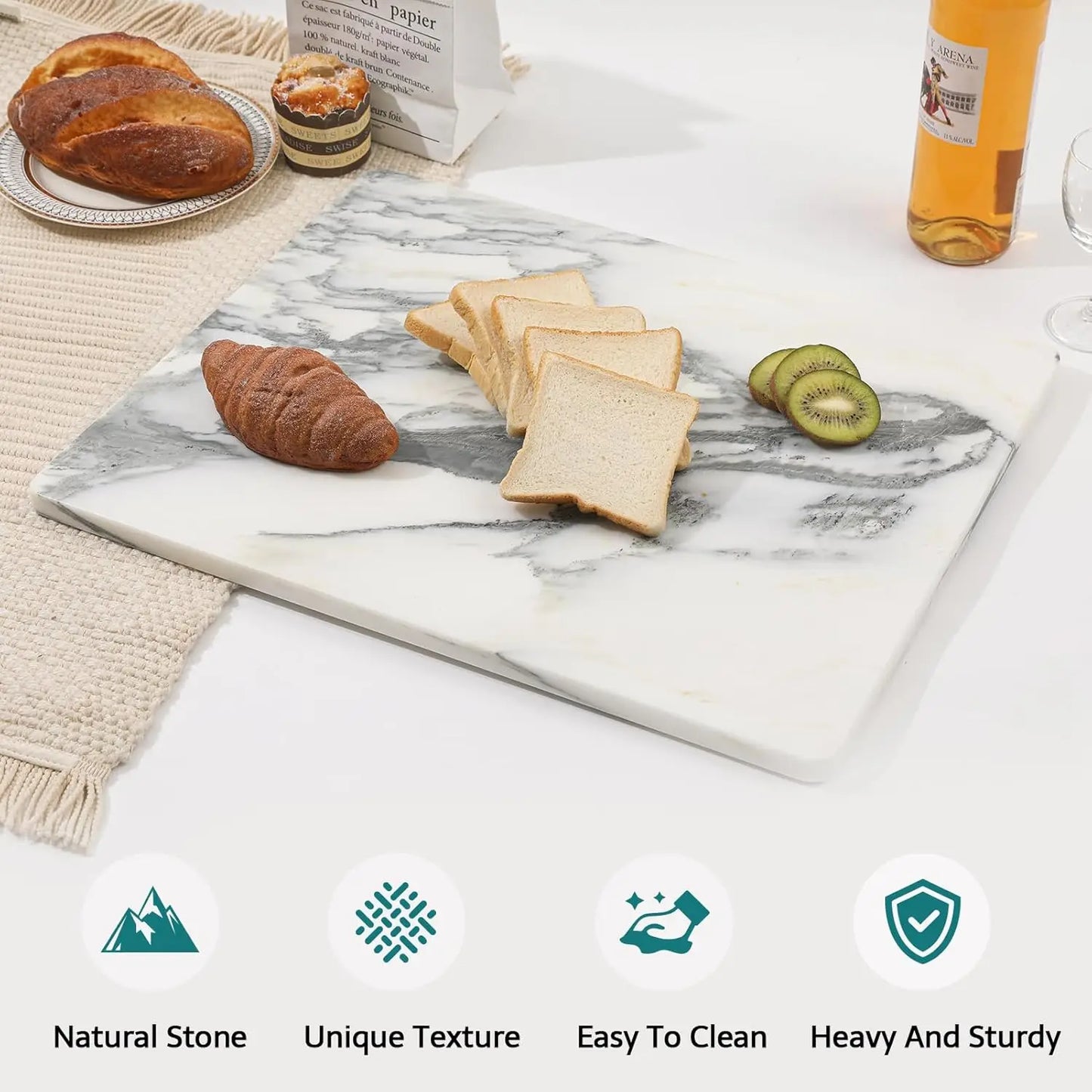 Marble Stone Cutting Board For Kitchen, 20x16 Inch White Lnk Large Marble Pastry Board With Non-Slip Feet For Baking, Ch
