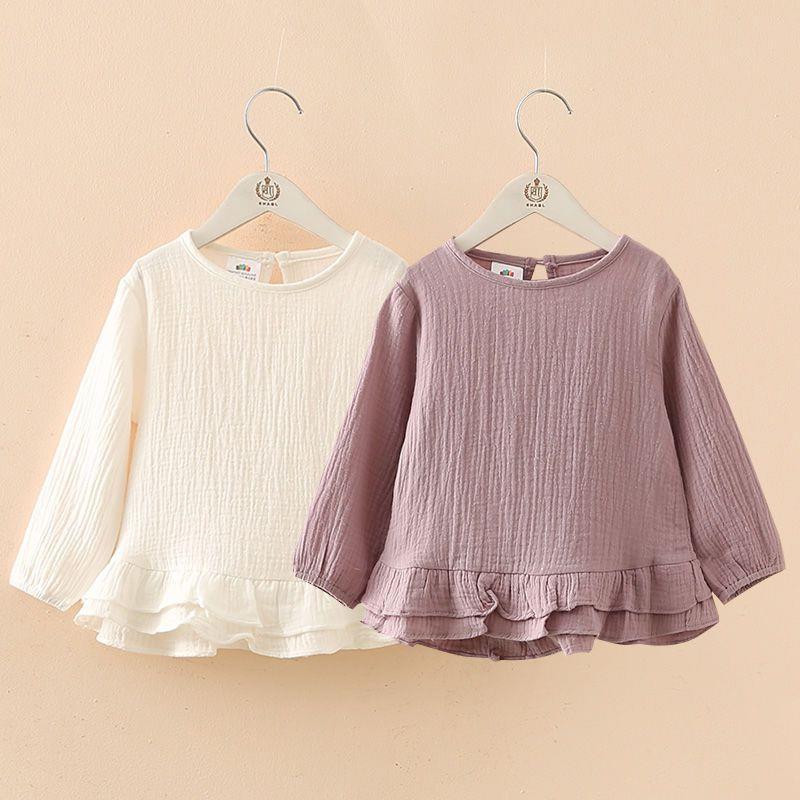Girls' Long Sleeve Ruffle Cotton Linen T-shirt