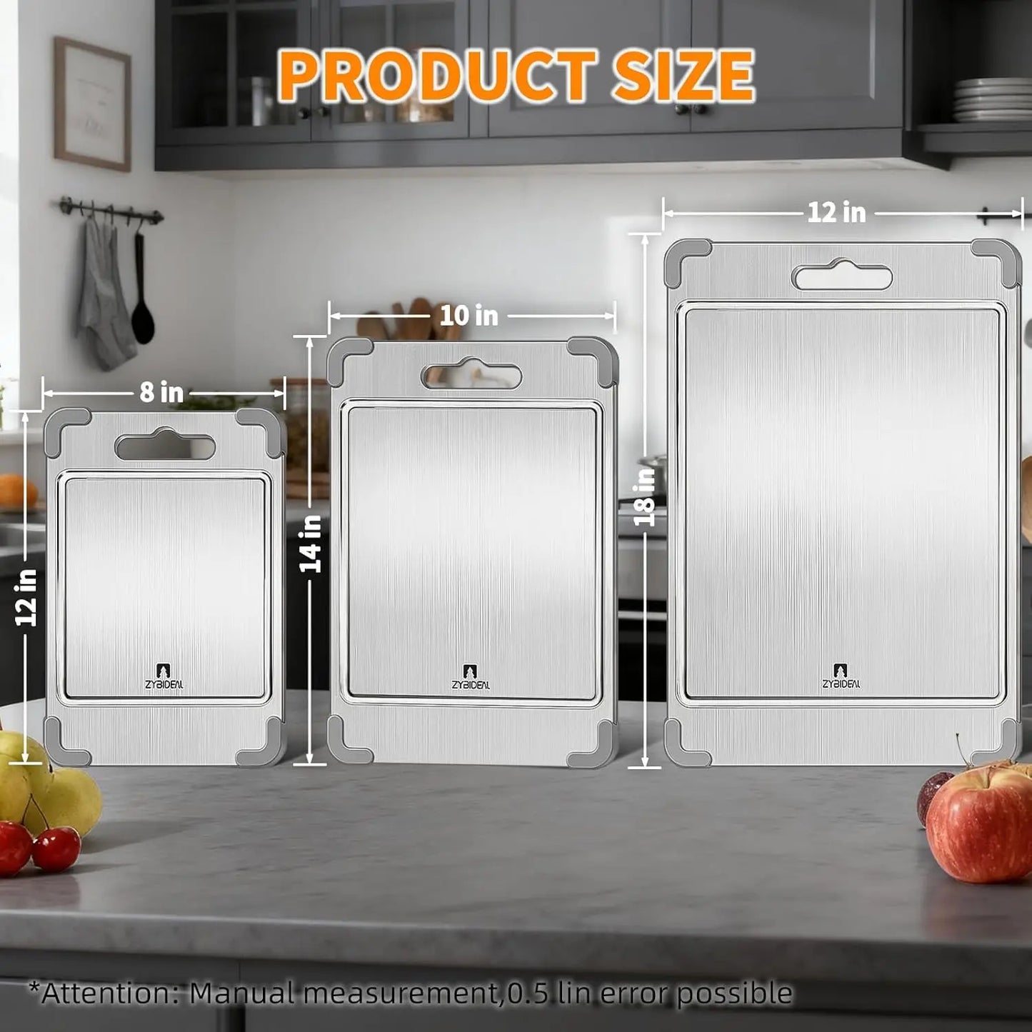3Pcs 100% Pure Titanium Cutting Board with Grooves, Update Double Side Titanium Chopping Board, Silicone Anti-slip Stain
