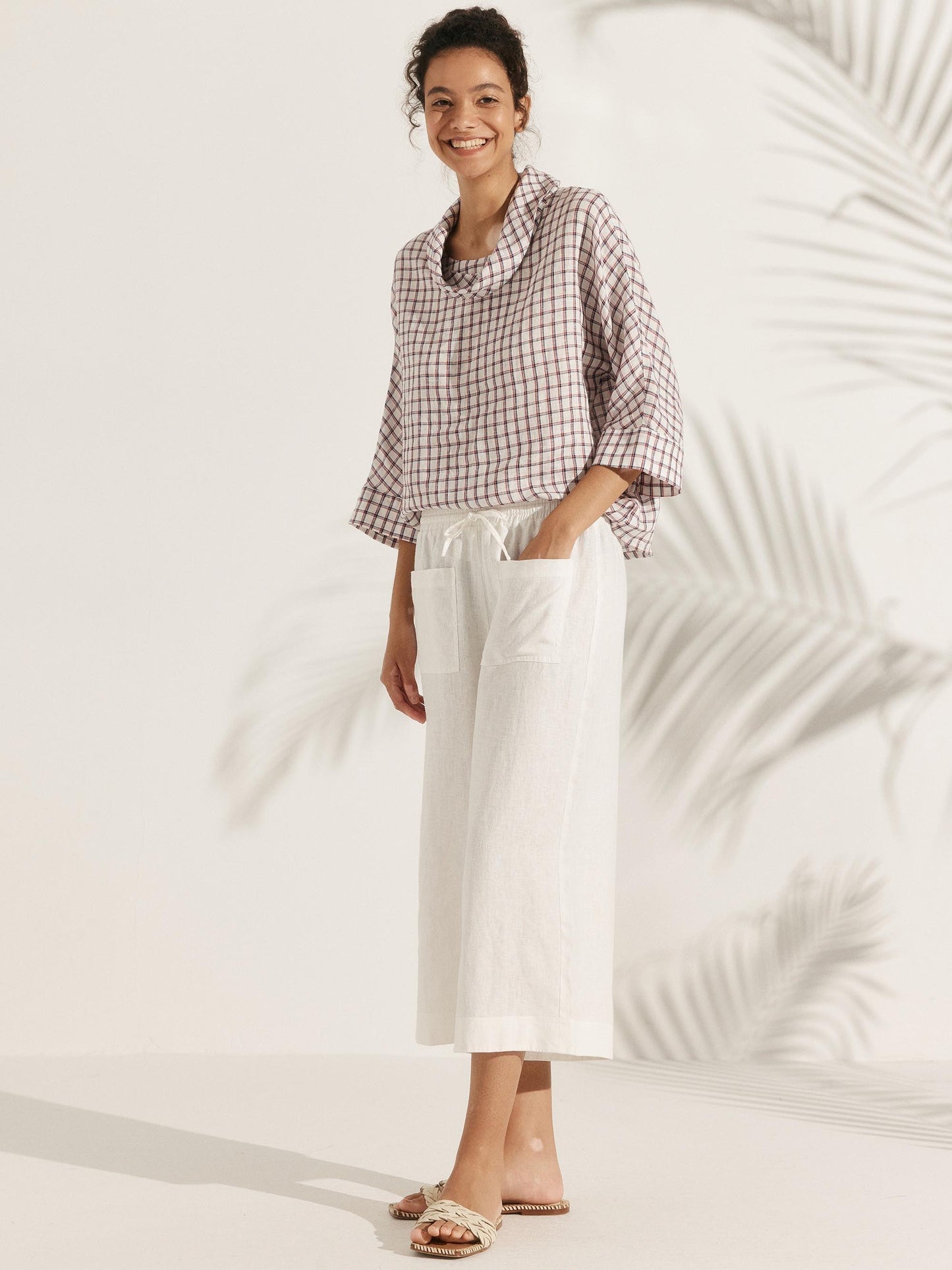 Linen-Cotton Dropped Collar Long-Sleeve Top TRISTAN