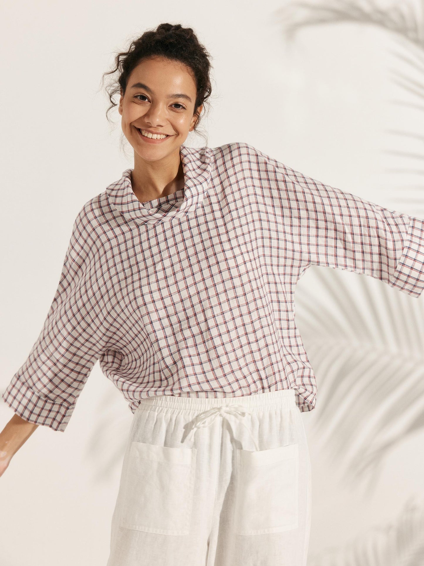 Linen-Cotton Dropped Collar Long-Sleeve Top TRISTAN