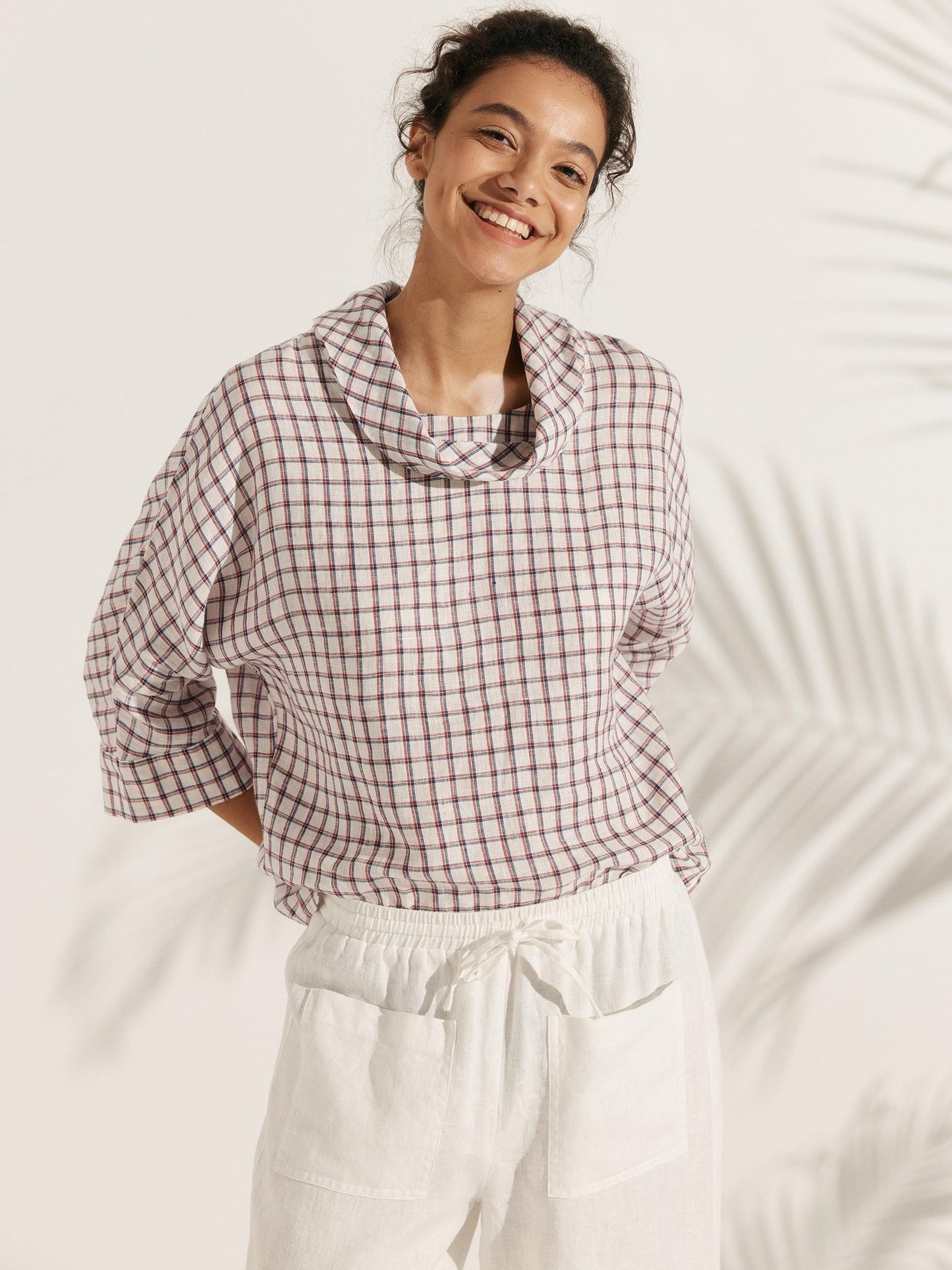 Linen-Cotton Dropped Collar Long-Sleeve Top TRISTAN