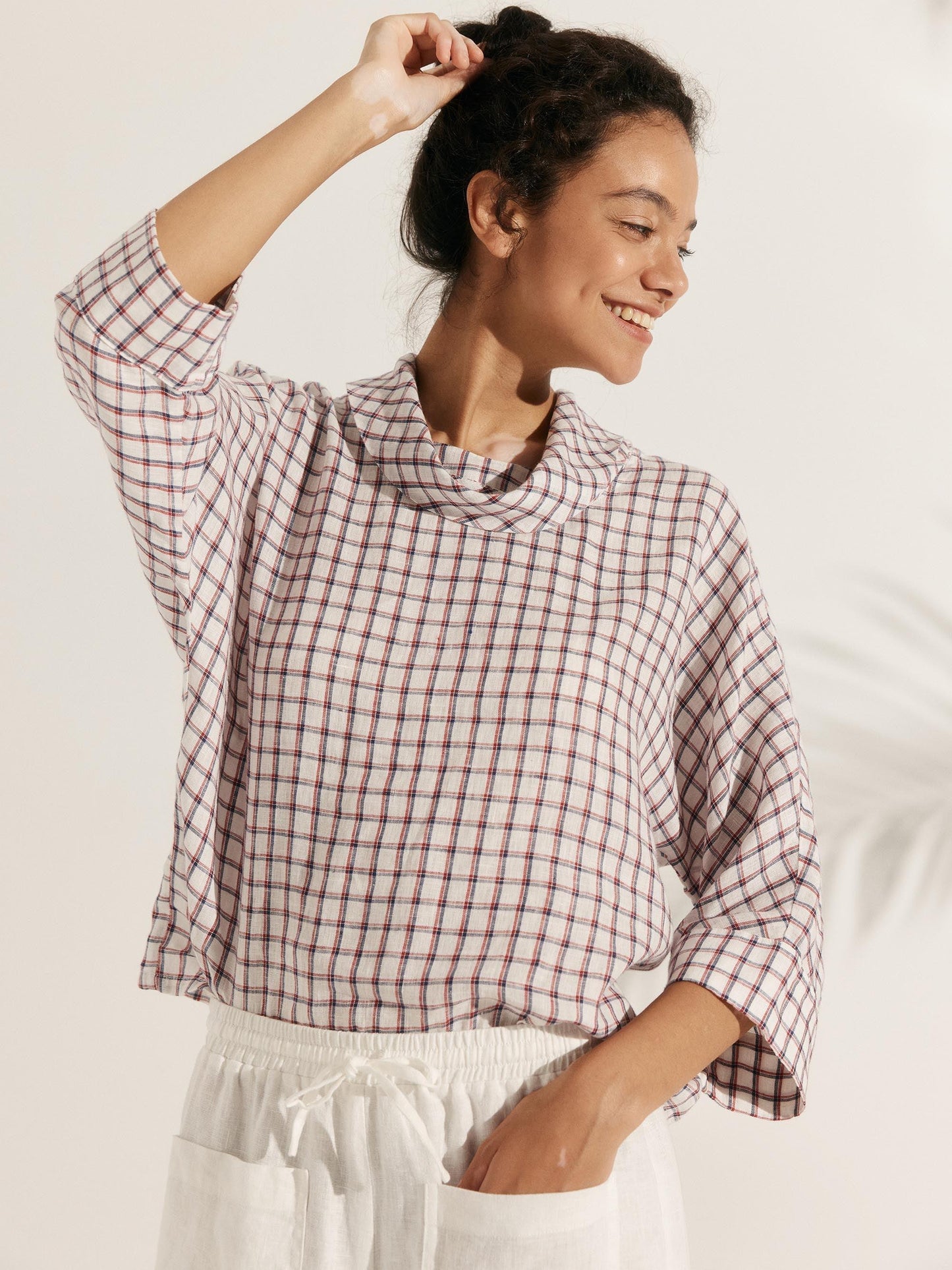 Linen-Cotton Dropped Collar Long-Sleeve Top TRISTAN