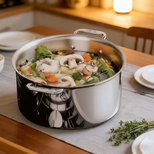 10-Piece eco-friendly three-layer stainless steel cookware set, modern design, with frying pan, soup pan, wok