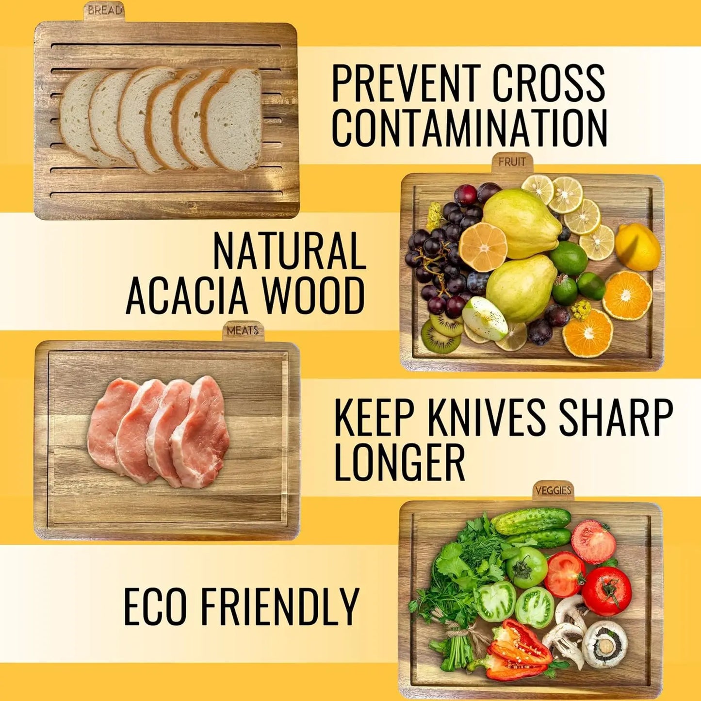 Acacia Cutting Boards for Kitchen with Holder 13" x 11" x 2.5" | Labeled Wood Cutting Board Sets | Large Wooden Cutting