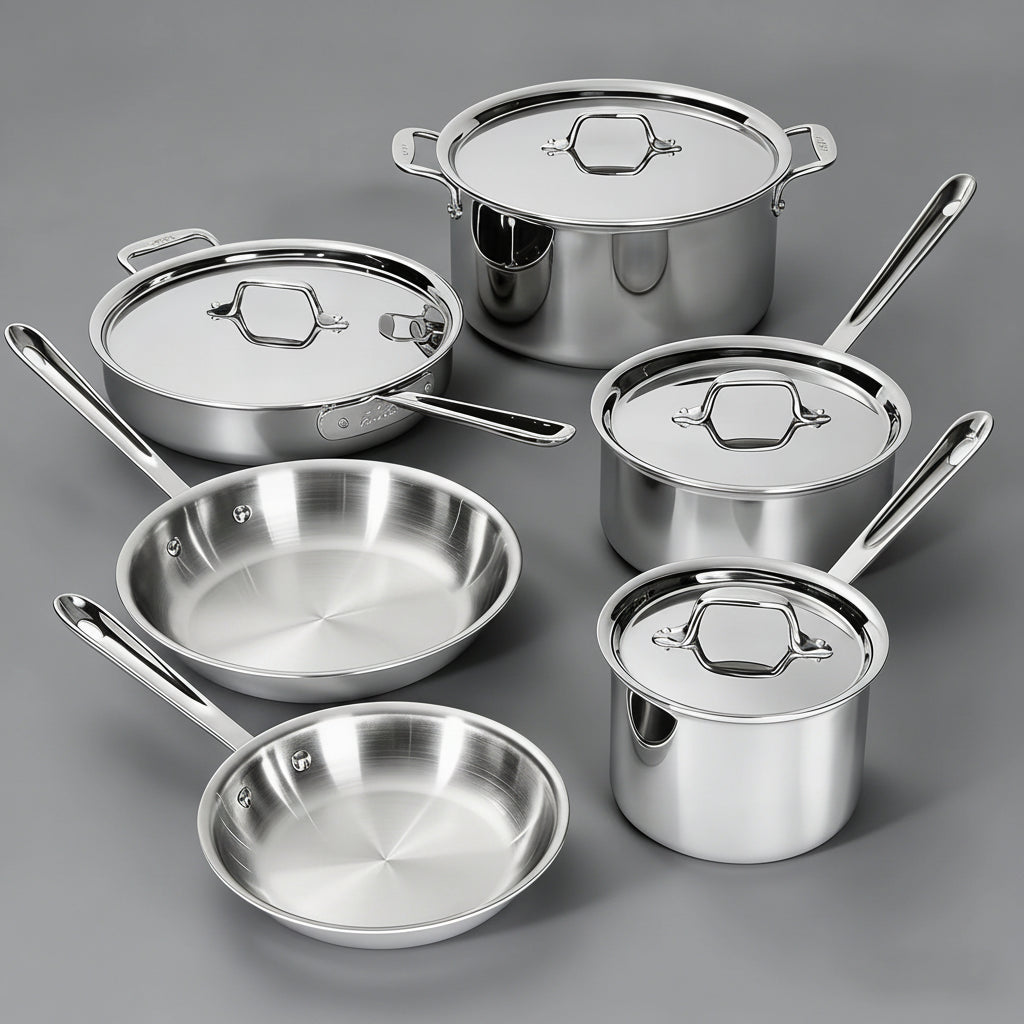 10-Piece eco-friendly three-layer stainless steel cookware set, modern design, with frying pan, soup pan, wok