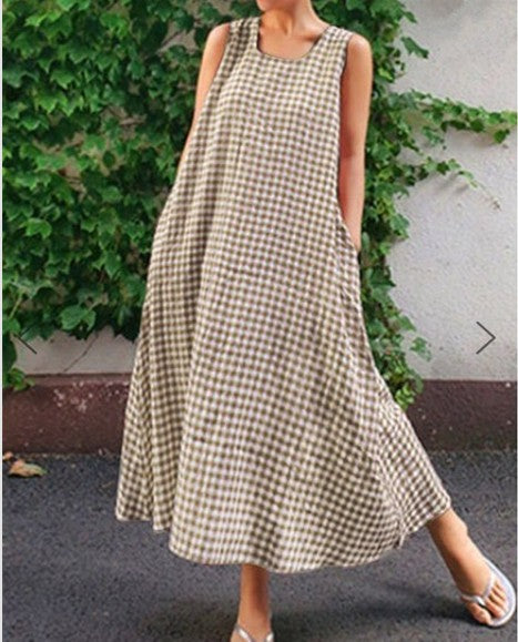 Women's Casual Sleeveless Plaid Cotton-Linen Swing Skirt