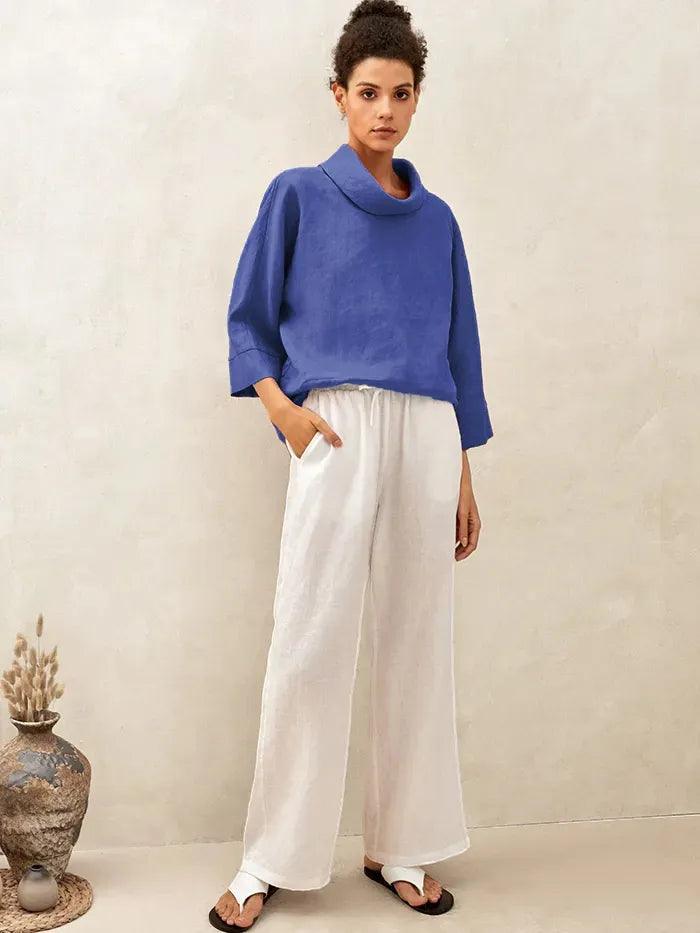 Linen-Cotton Dropped Collar Long-Sleeve Top TRISTAN