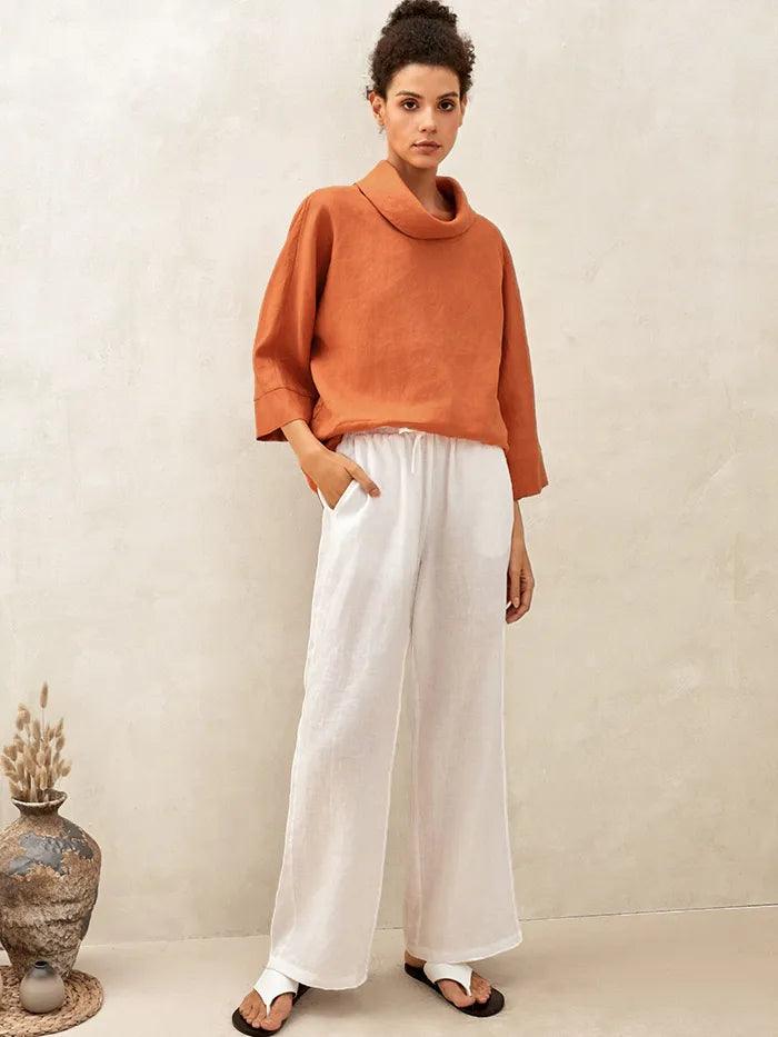 Linen-Cotton Dropped Collar Long-Sleeve Top TRISTAN