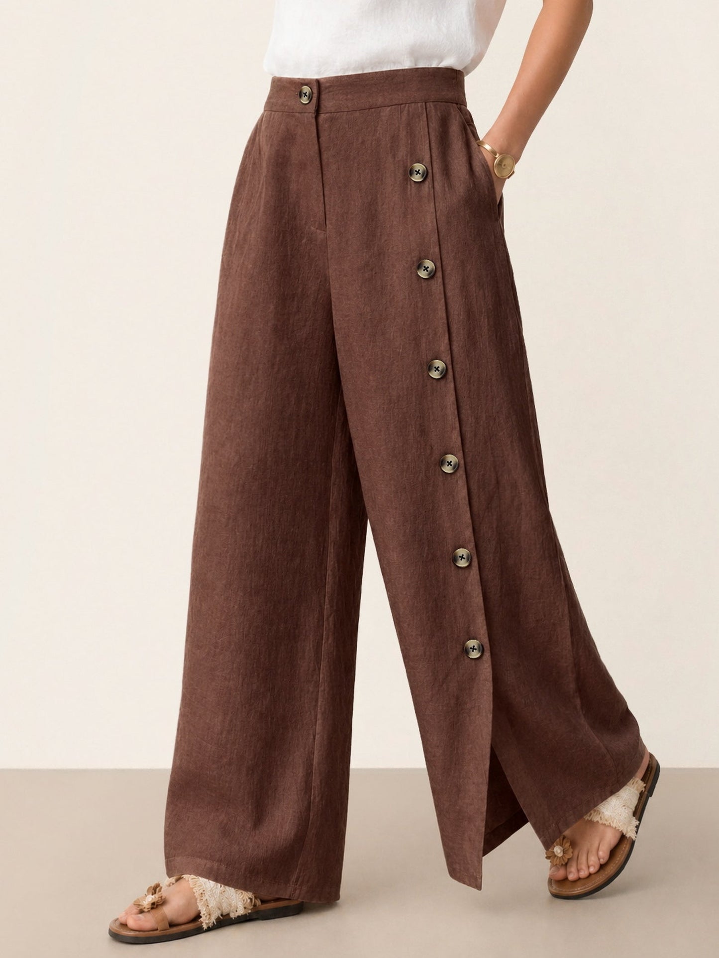 100% Linen Buttoned Slit-Hem Pants KATYA
