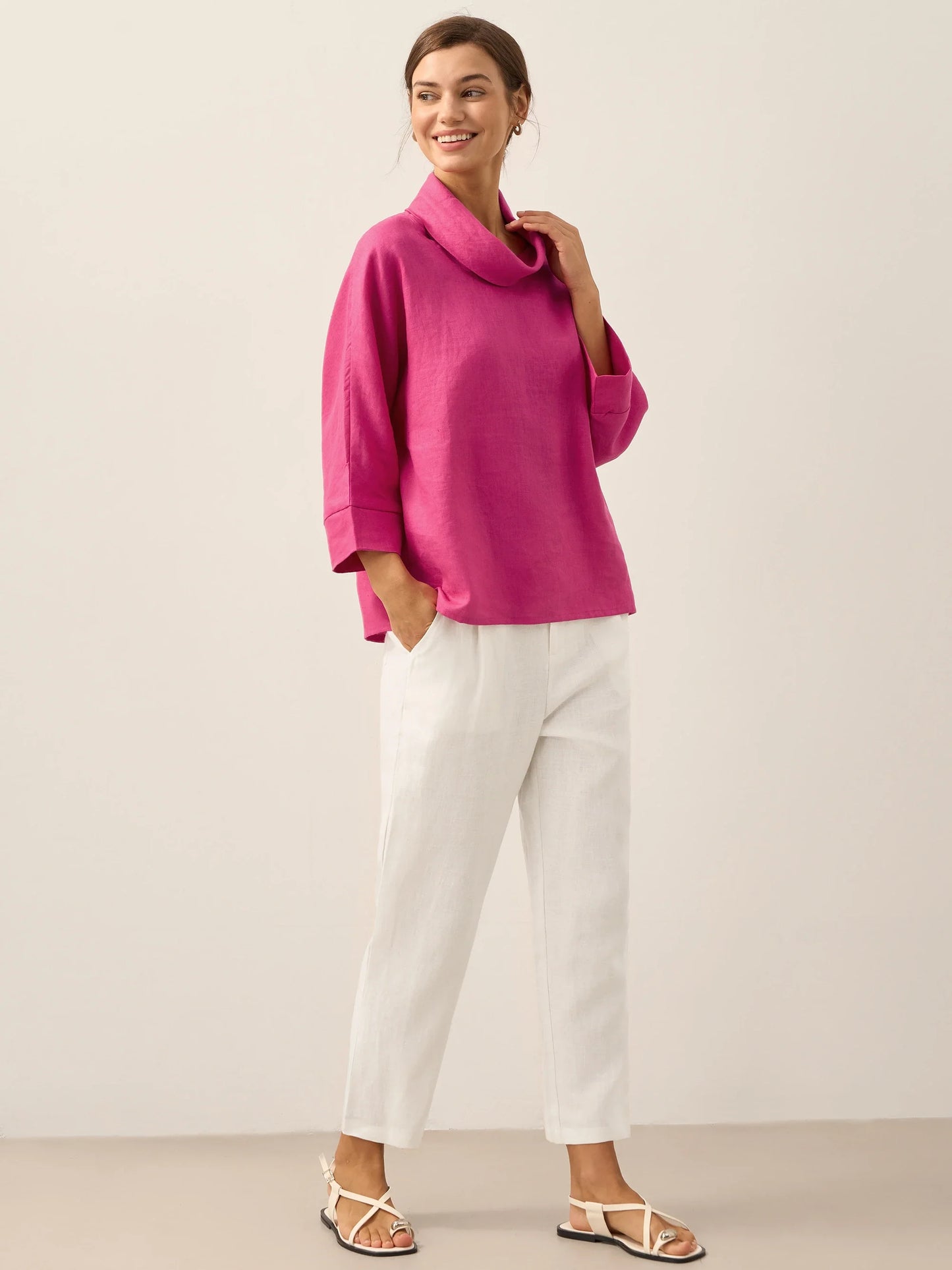 Linen-Cotton Dropped Collar Long-Sleeve Top TRISTAN