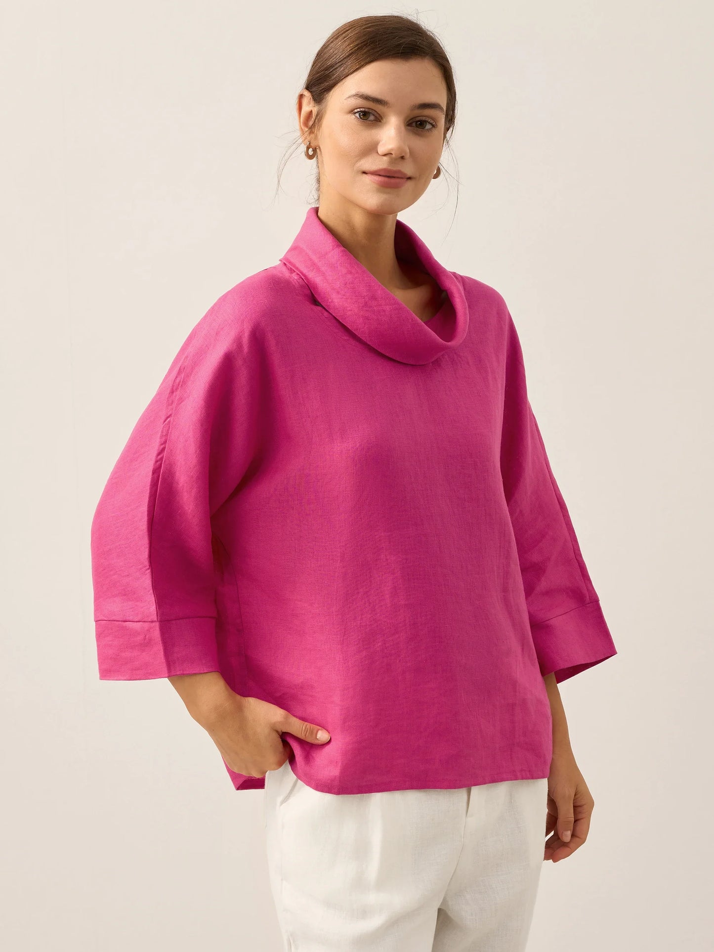 Linen-Cotton Dropped Collar Long-Sleeve Top TRISTAN