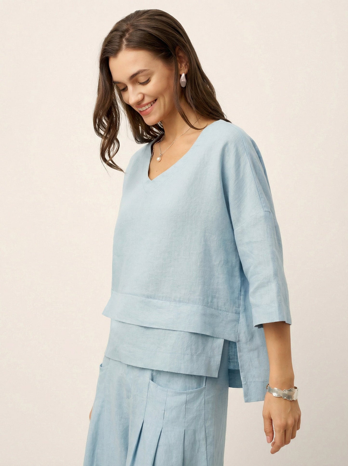 100% Linen Drop Shoulder Asymmetric Layered Hem Overtop VIOLA
