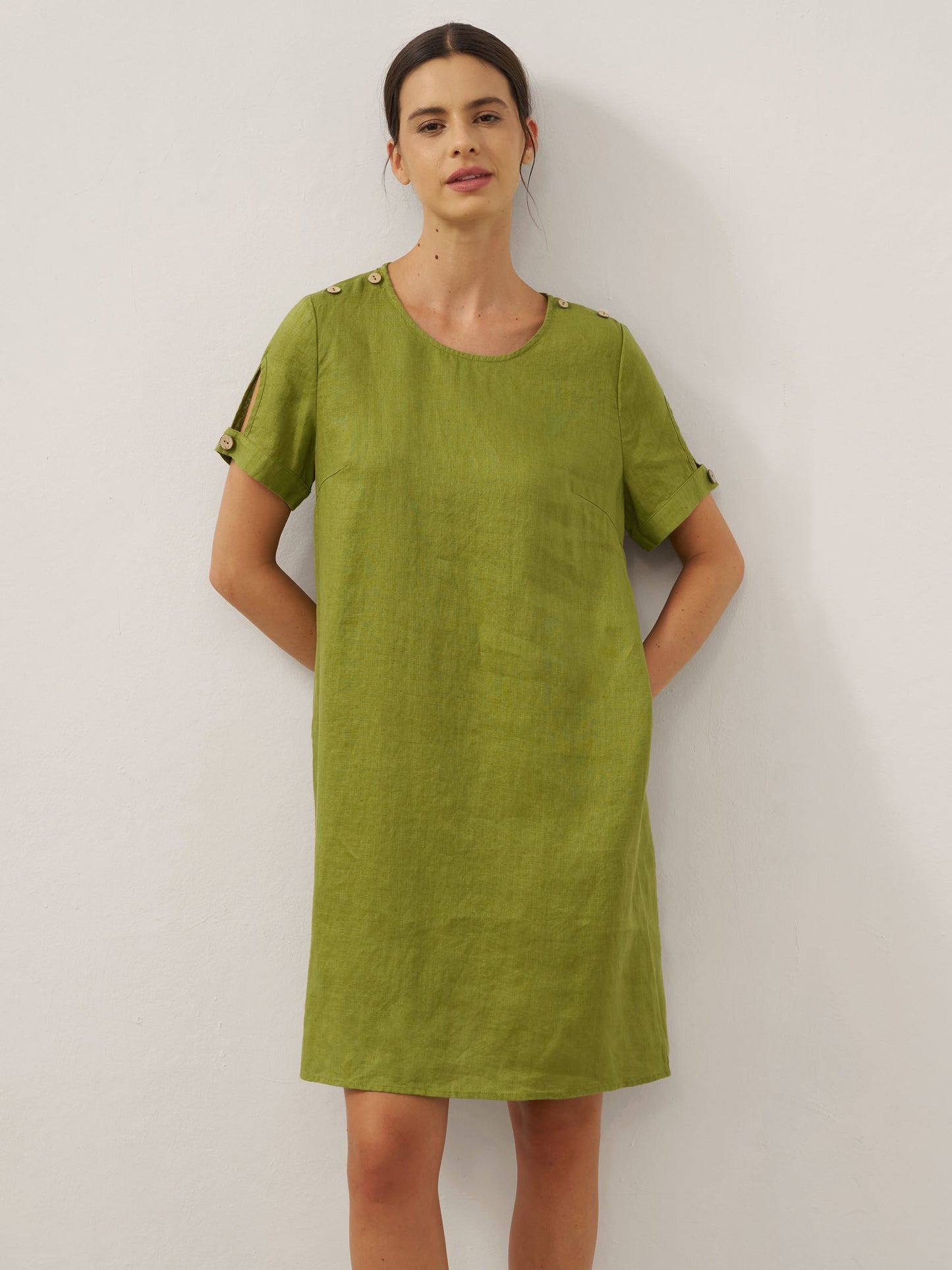 100% Linen Buttoned Cutout Sleeve Mini Dress LIA