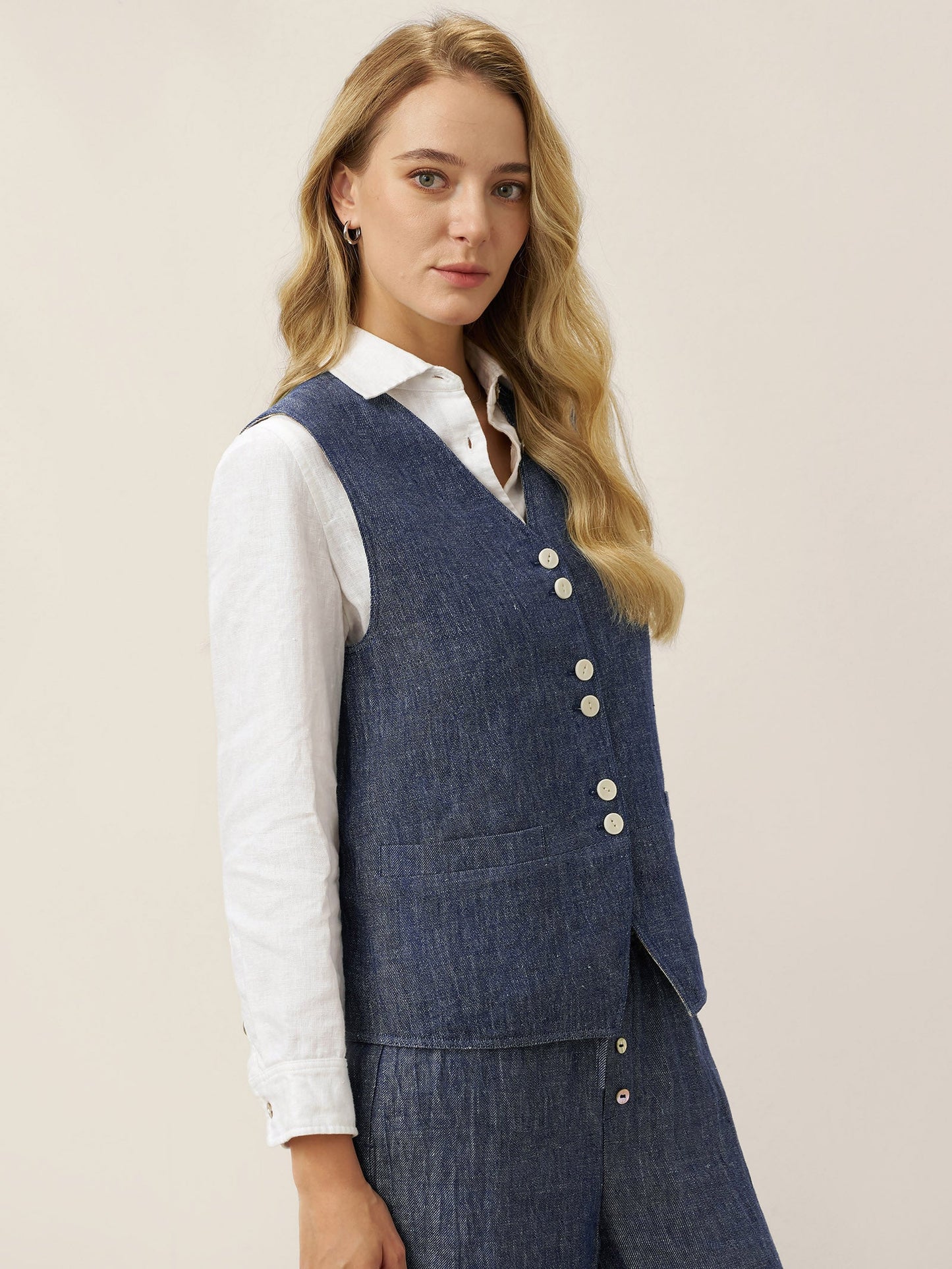 100% Linen Reversible Denim Texture Button Front Vest HARPER