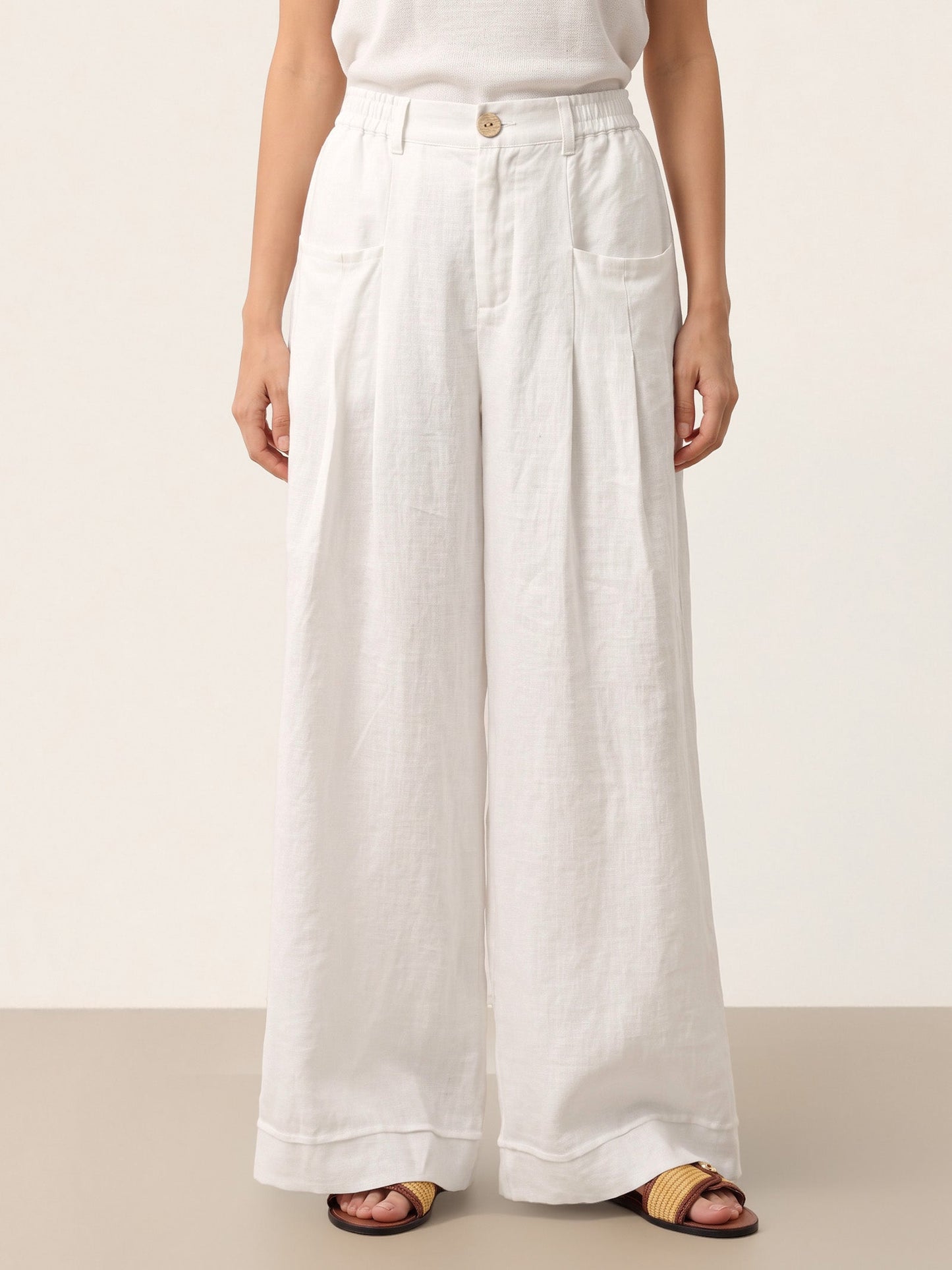 100% Linen Sculpted Pleat Elasticated Back Relaxed Pants VERIDIANA