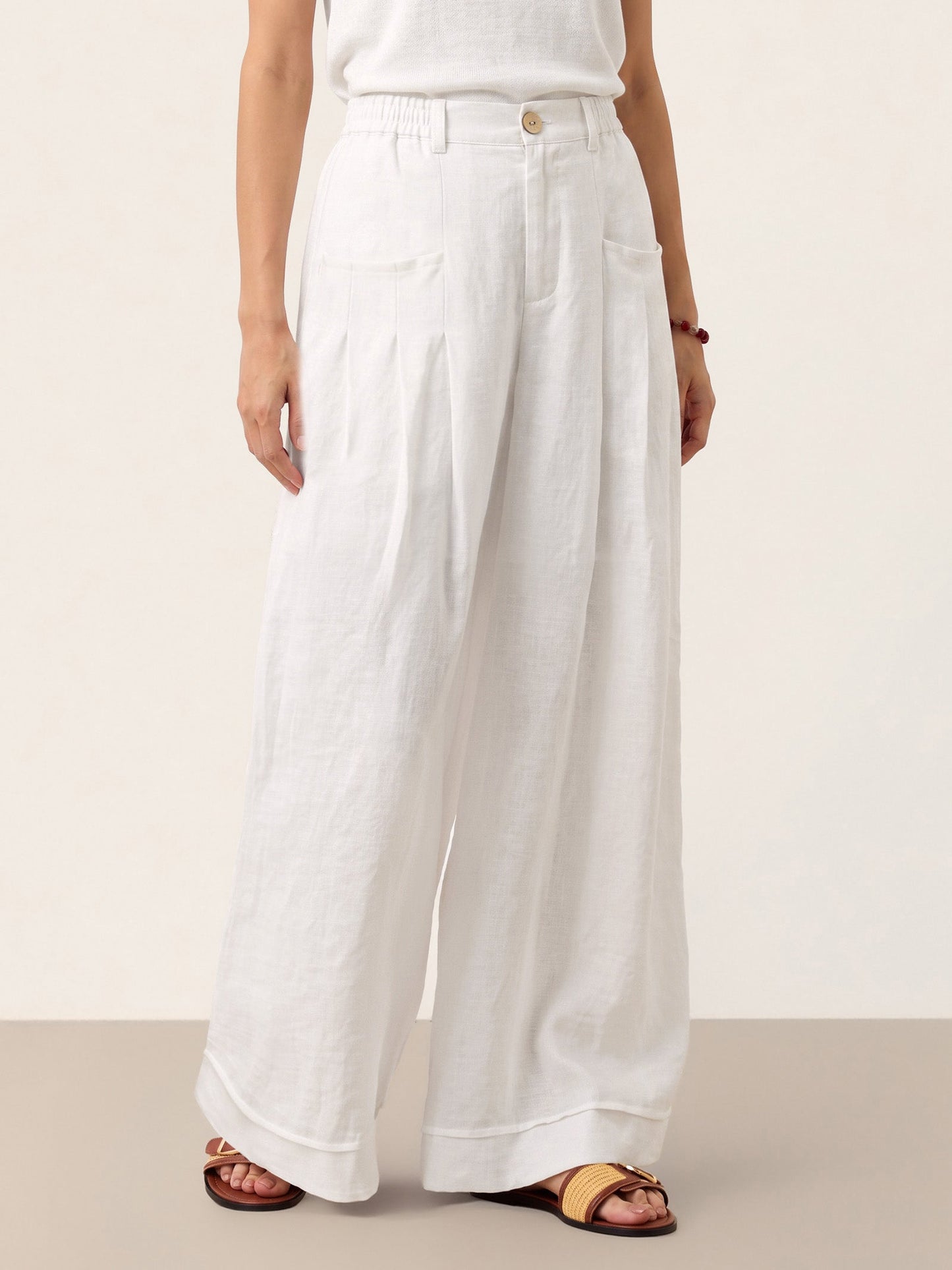 100% Linen Sculpted Pleat Elasticated Back Relaxed Pants VERIDIANA