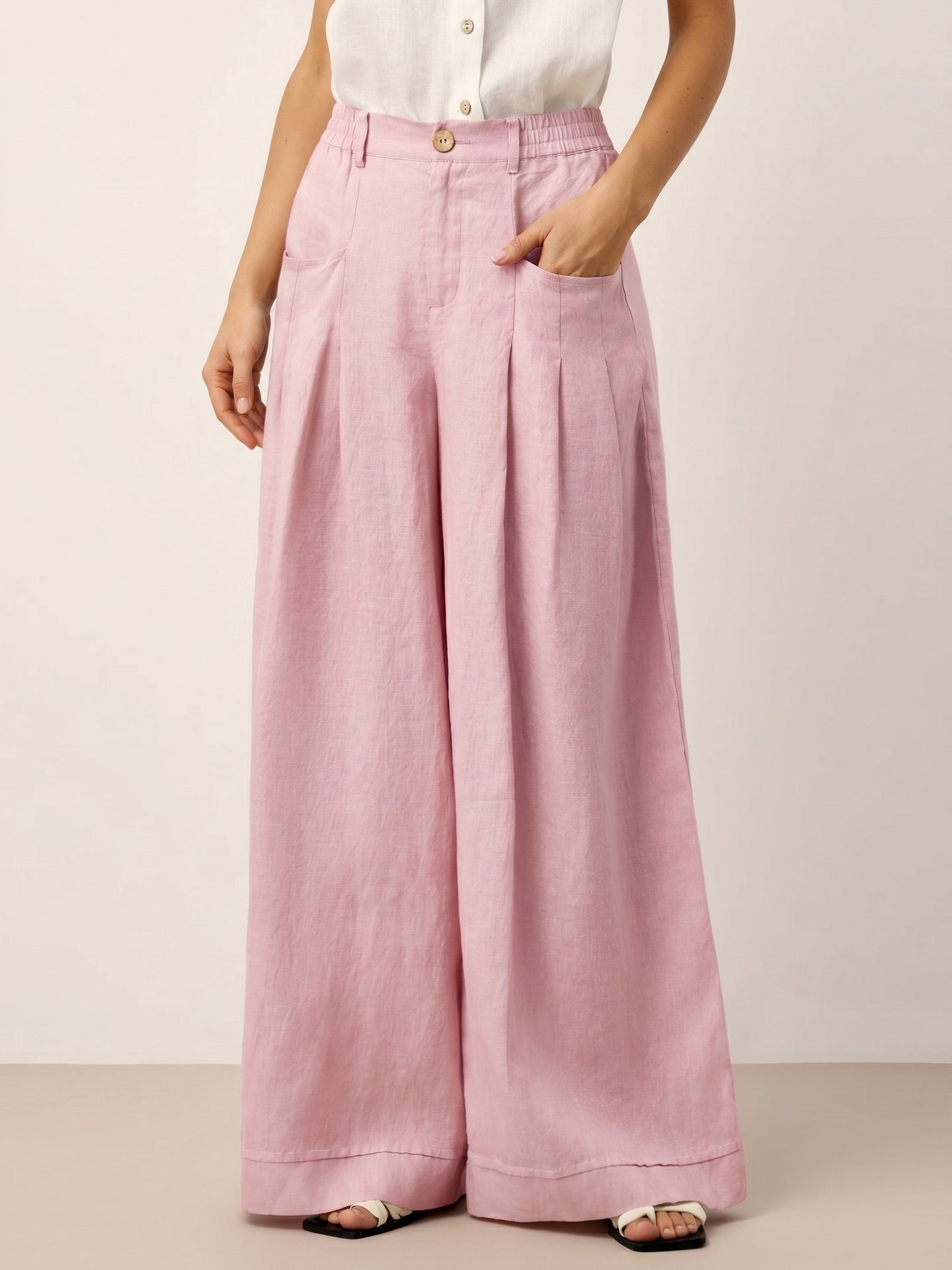 100% Linen Sculpted Pleat Elasticated Back Relaxed Pants VERIDIANA