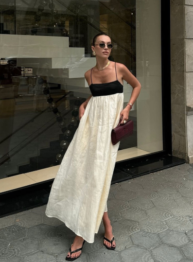 Casual Patchwork Cotton-Linen Maxi Dress for Vacation