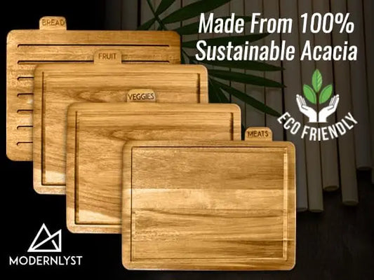 Acacia Cutting Boards for Kitchen with Holder 13" x 11" x 2.5" | Labeled Wood Cutting Board Sets | Large Wooden Cutting
