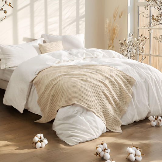 Bedsure 5 Pieces Cotton Comforter Set with Cotton Waffle Throw Blanket - Soft Breathable Bedding Set for All Seasons White Comforter King Size Pillow Shams Beige 100% Cotton Blanket Throw Pillow