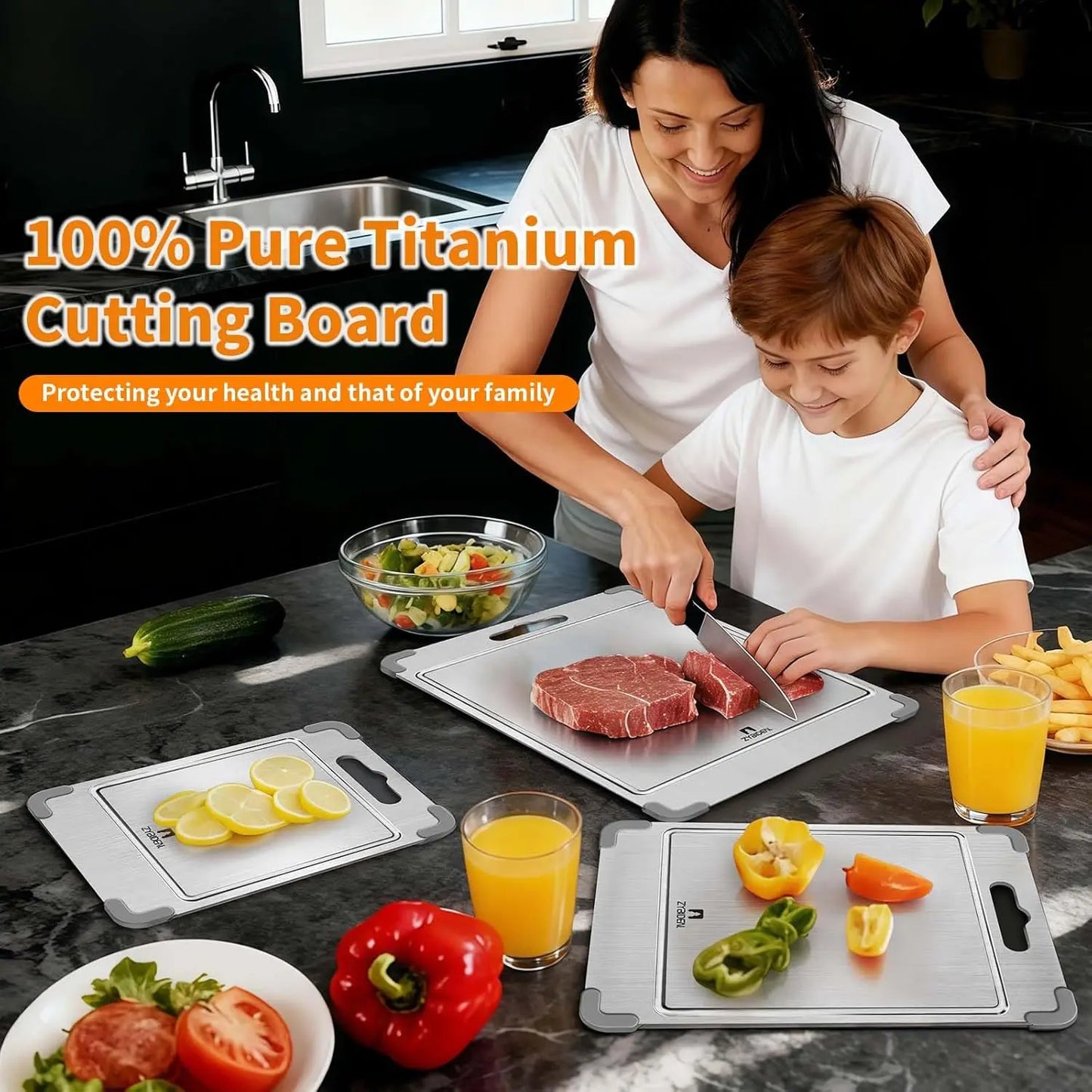 3Pcs 100% Pure Titanium Cutting Board with Grooves, Update Double Side Titanium Chopping Board, Silicone Anti-slip Stain