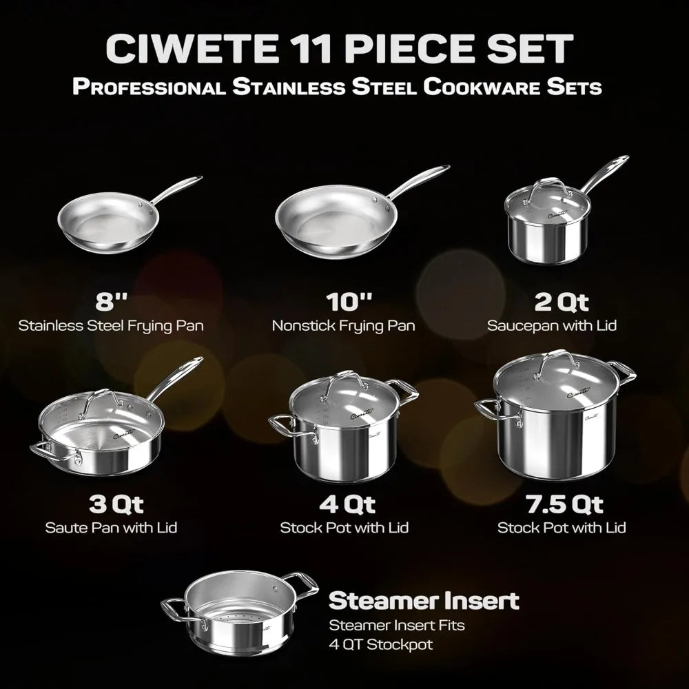 Tri-Ply Stainless Steel Cookware Set 11-Piece Induction Ready Pots Pans with Steamer Insert Oven Safe