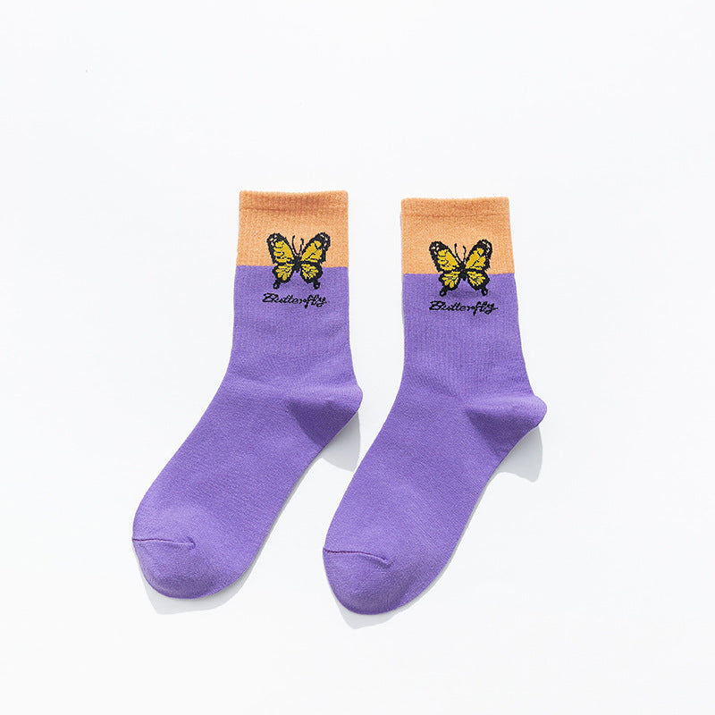 Korean Style Butterfly Color Matching Cotton Socks