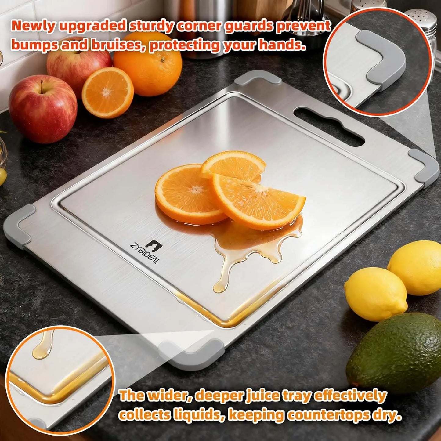 3Pcs 100% Pure Titanium Cutting Board with Grooves, Update Double Side Titanium Chopping Board, Silicone Anti-slip Stain