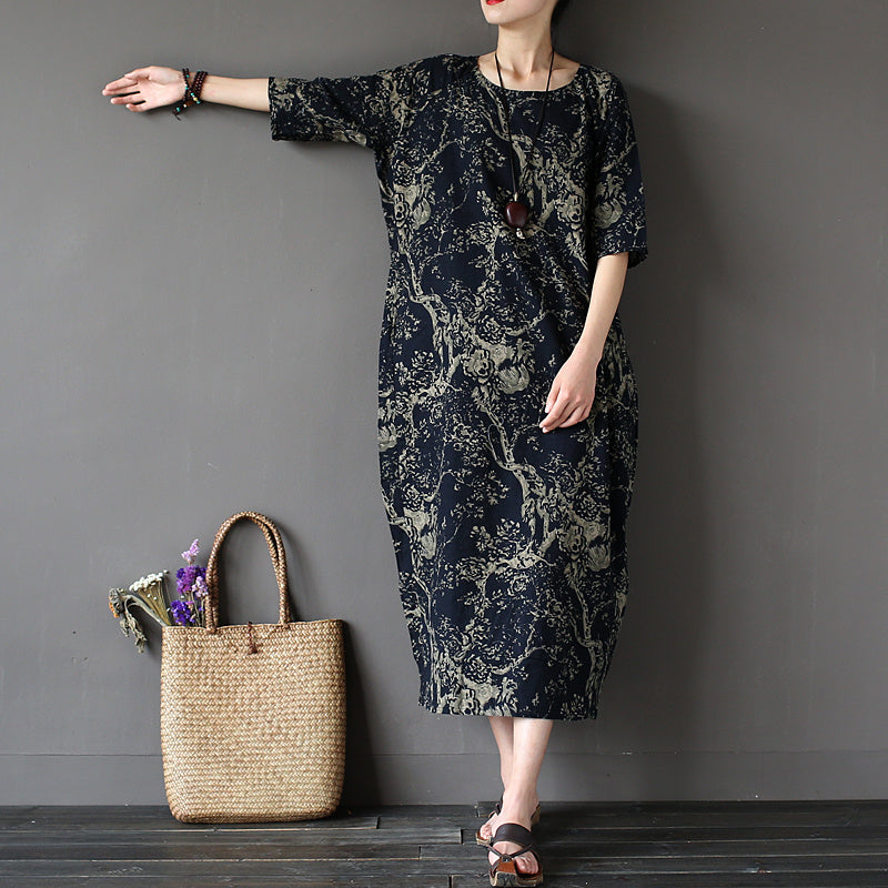 Johnature 2024 Summer Cotton Linen Vintage Flower Dress
