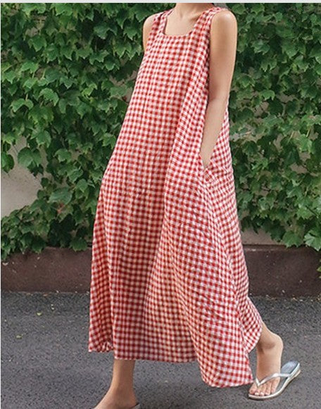 Women's Casual Sleeveless Plaid Cotton-Linen Swing Skirt