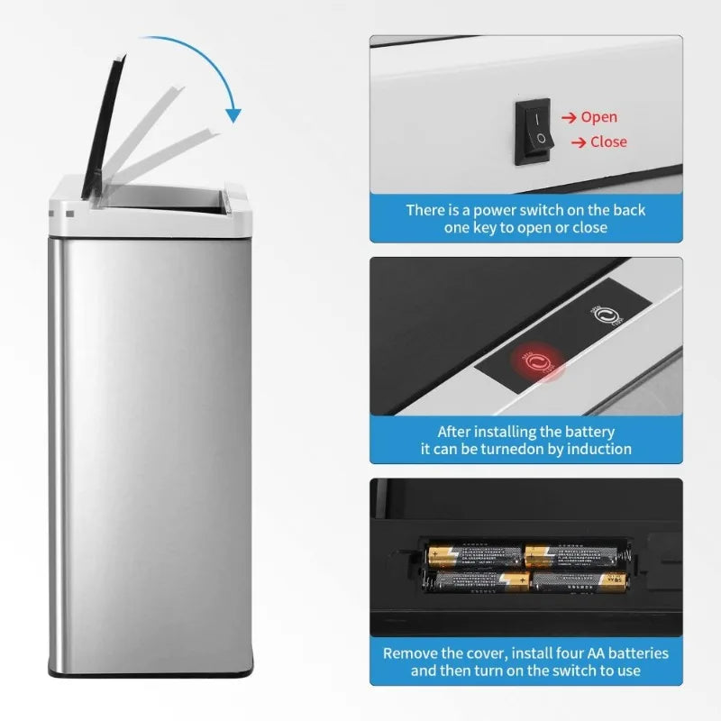 Touch Free Stainless Steel Waste Bin Sensor Kitchen Trash Can 13 Gallon