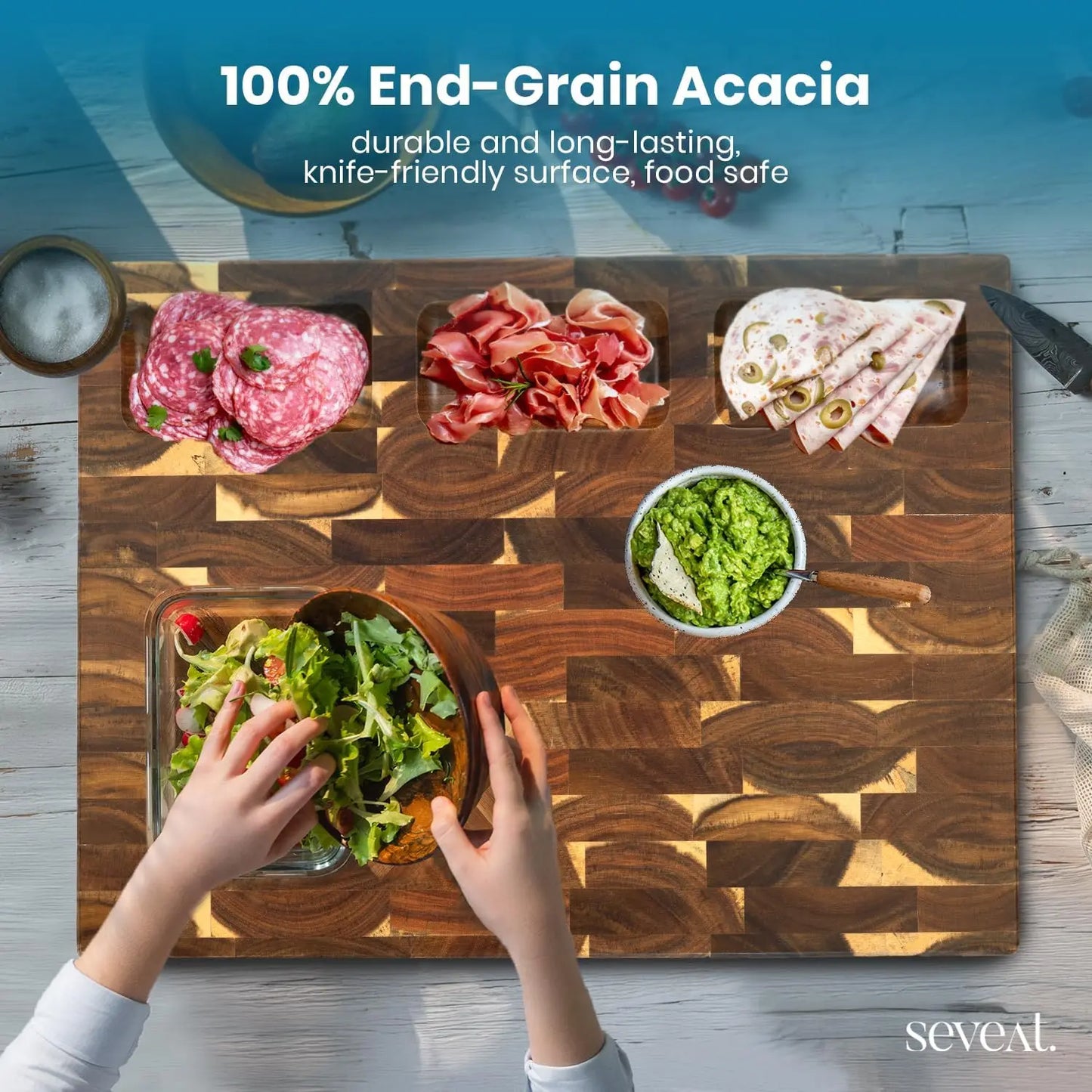 End Grain Cutting Board - Acacia Wood Double-Sided Butcher Block for Kitchen with Juice Groove & 3 Pockets, Durable Wood