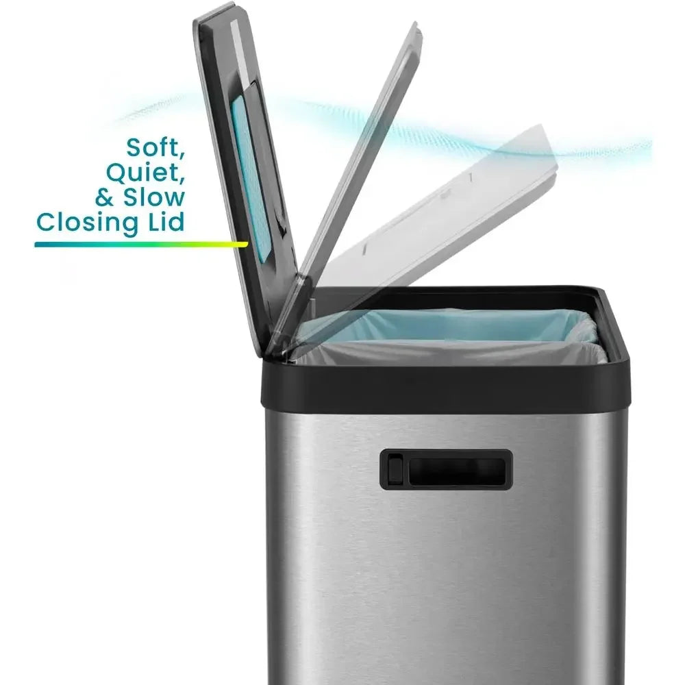 PopularDual Compartment Stainless Steel Kitchen Trash Can with Odor Control, 70 Liters, Silver