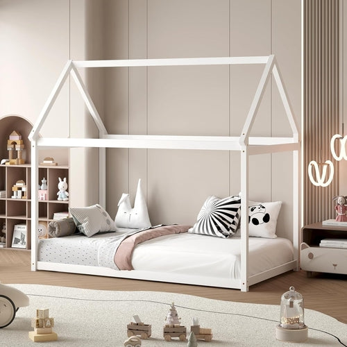 Twin House Bed Frame With Roof Canopy Montessori For Kids