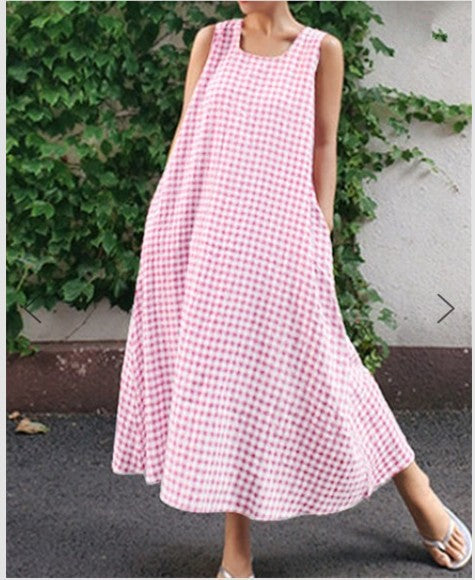 Women's Casual Sleeveless Plaid Cotton-Linen Swing Skirt