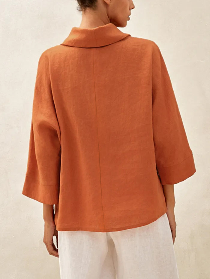 Linen-Cotton Dropped Collar Long-Sleeve Top TRISTAN