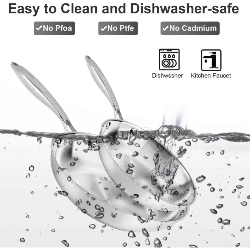 Tri-Ply Stainless Steel Frying Pan Set Nonstick Oven Dishwasher Safe Cookware