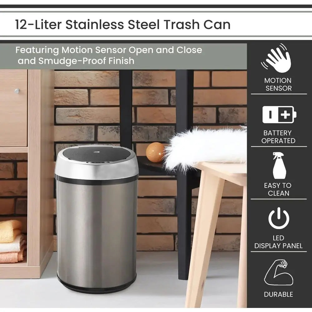 Touchless Trash Can with Motion Sensor, 3.2 Gallon Stainless Steel Bin for Home Use