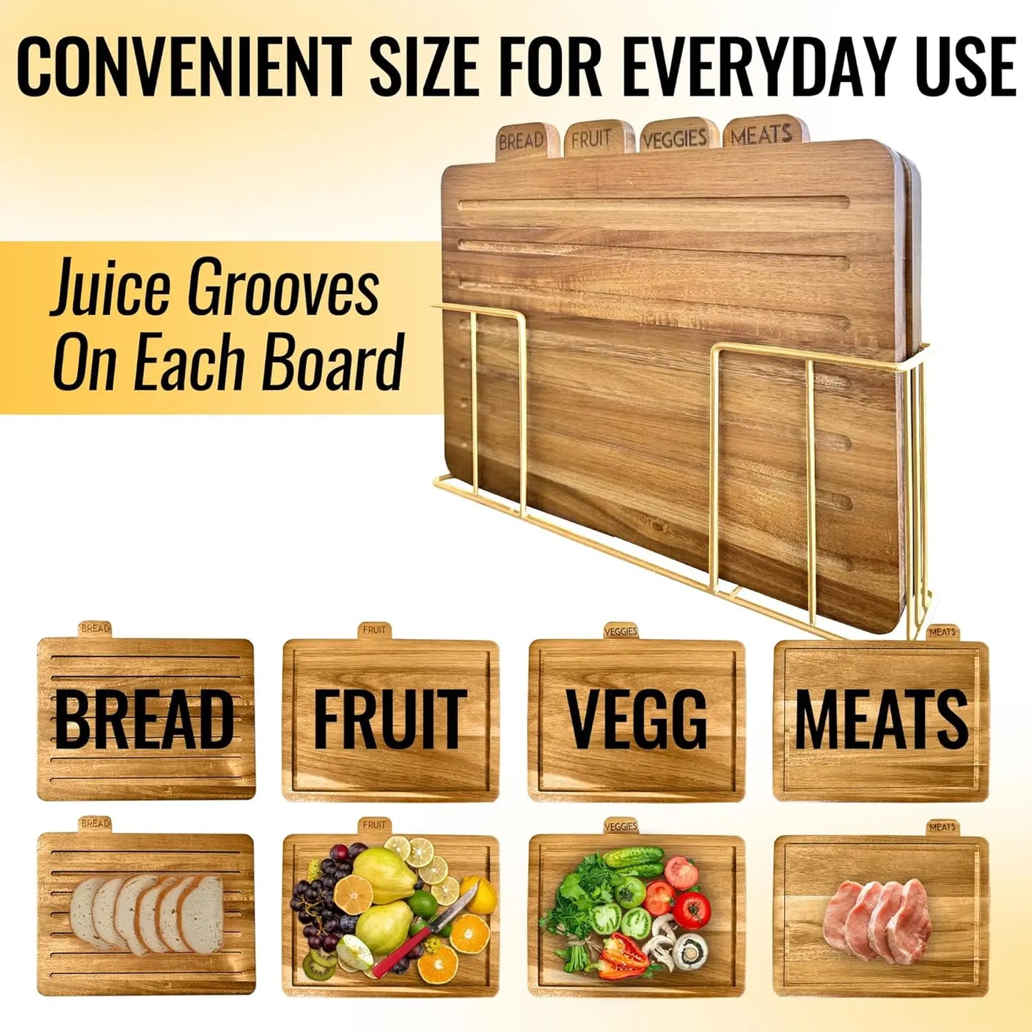 Acacia Cutting Boards for Kitchen with Holder 13" x 11" x 2.5" | Labeled Wood Cutting Board Sets | Large Wooden Cutting
