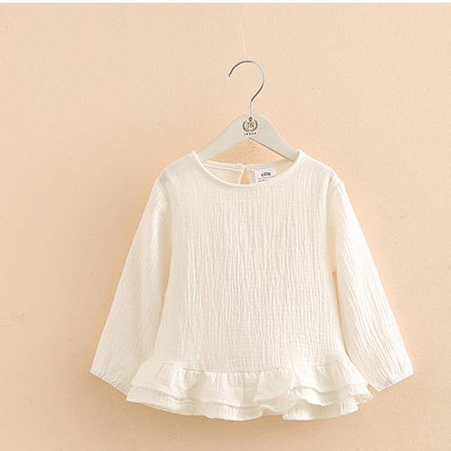 Girls' Long Sleeve Ruffle Cotton Linen T-shirt