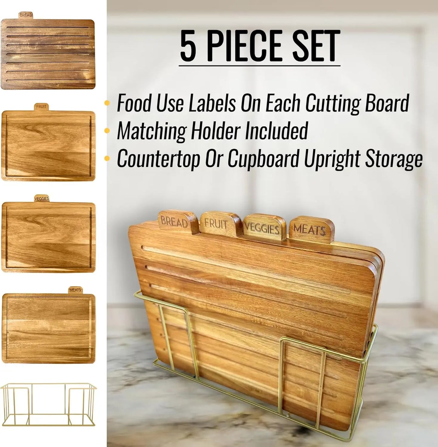 Acacia Cutting Boards for Kitchen with Holder 13" x 11" x 2.5" | Labeled Wood Cutting Board Sets | Large Wooden Cutting