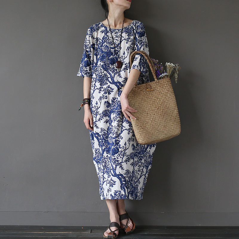 Johnature 2024 Summer Cotton Linen Vintage Flower Dress