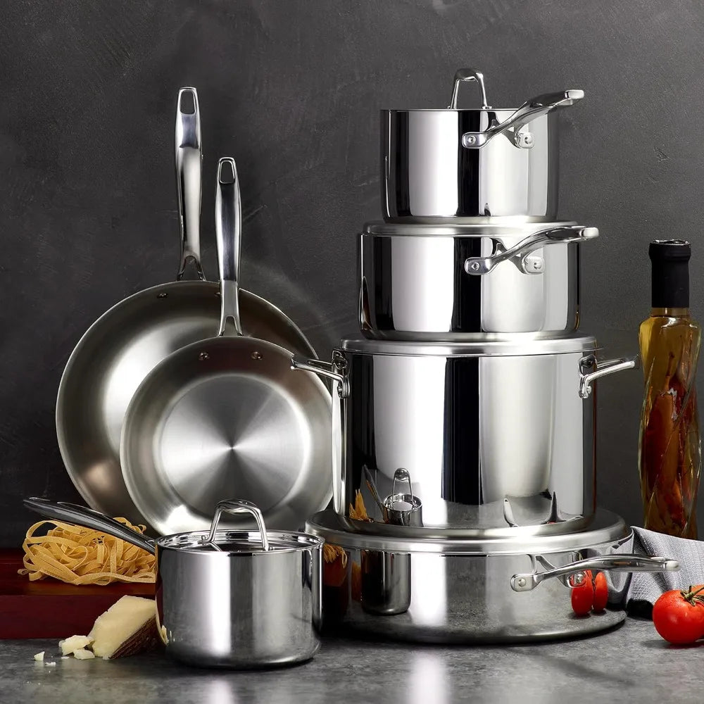 US Shipping Tri-Ply Clad Stainless Steel 12-Piece Cookware Set Induction Ready Pots Pans with Lids Dishwasher Safe NSF