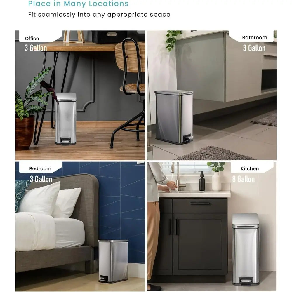 Dual Stainless Steel Trash Cans with Soft-Close Lids and Bag Tuck, 8 and 3 Gallons, Silver