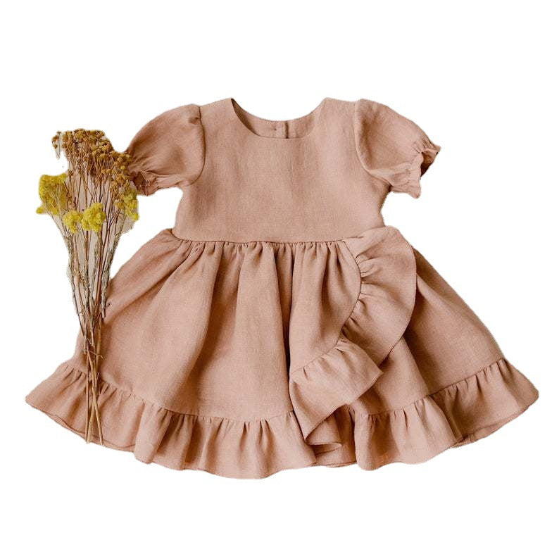 Girls' Cotton Linen Princess Dresses with Ruffles
