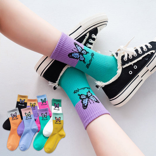 Korean Style Butterfly Color Matching Cotton Socks