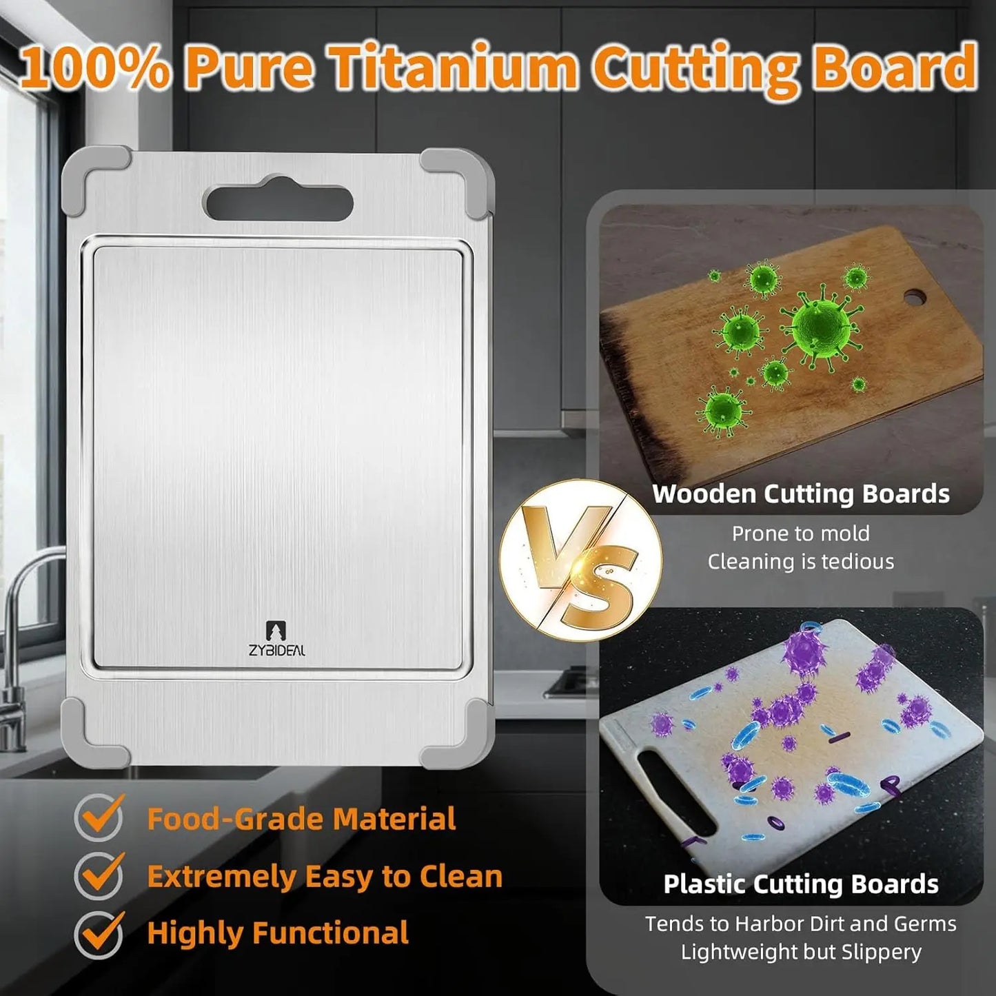 3Pcs 100% Pure Titanium Cutting Board with Grooves, Update Double Side Titanium Chopping Board, Silicone Anti-slip Stain
