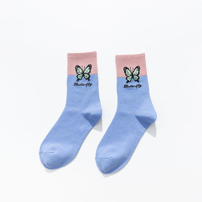 Korean Style Butterfly Color Matching Cotton Socks